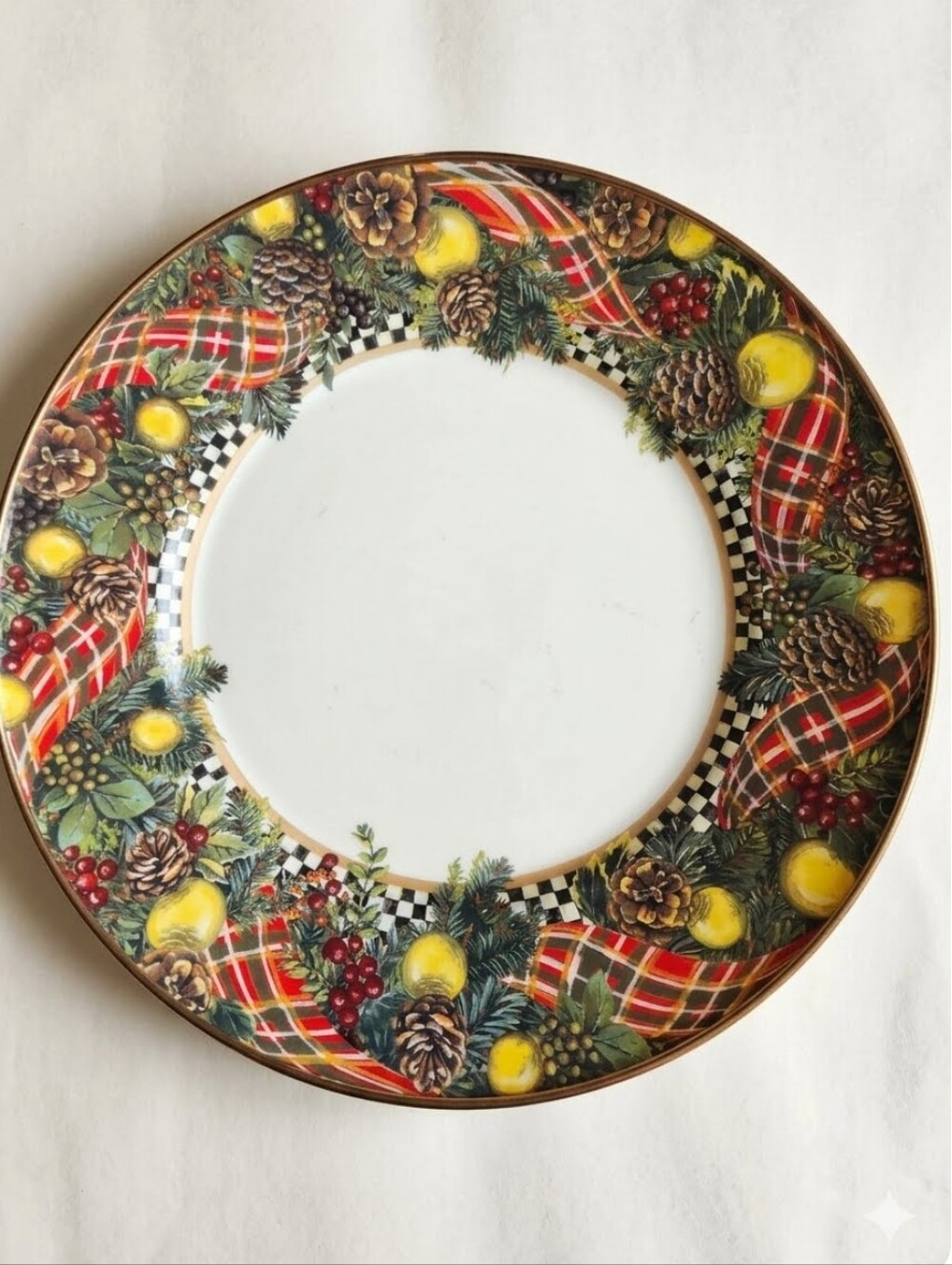 Mackenzie Childs Evergreen Holiday Enamel Dinner Plates Set Of 5 - 10 1/4 Inches